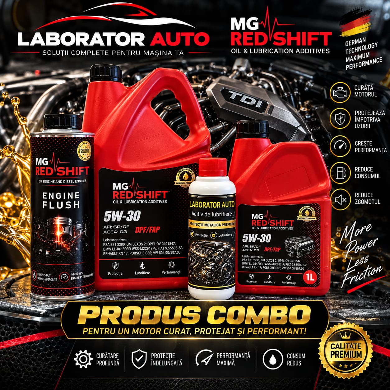 Super Combo Ulei 5W-30 5 litri, Aditiv Laborator 250ml, Engine Flush