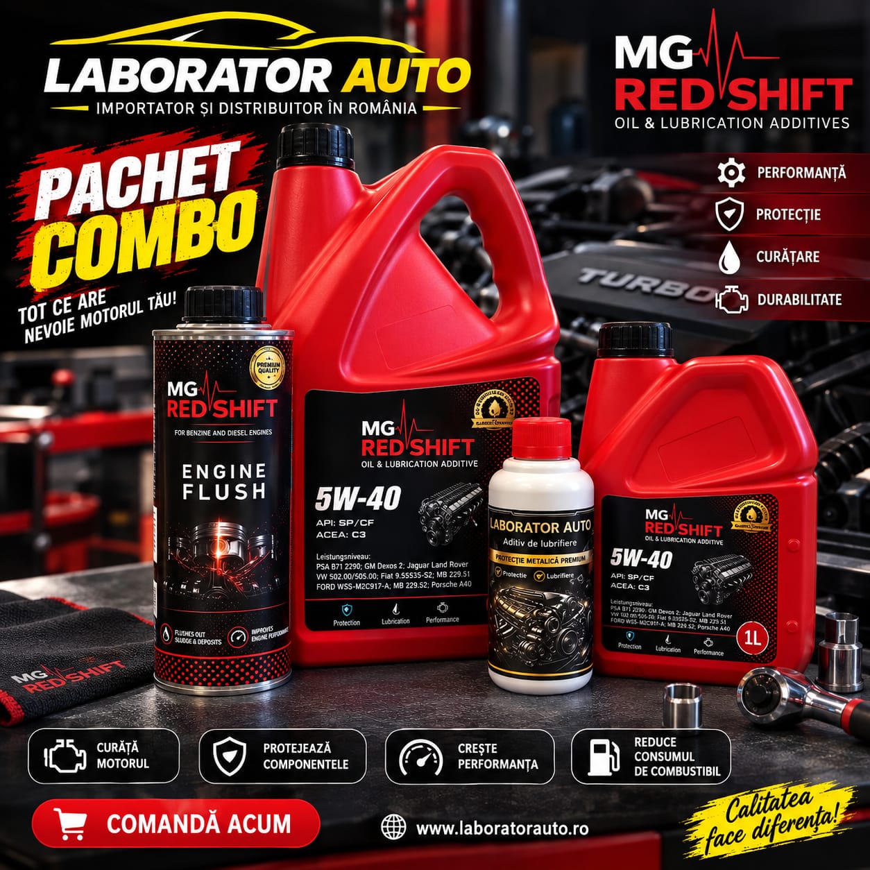 SUPER COMBO 5W-40 5 LITRI , ADITIV LABORATOR 250ML, ENGINE FLUSH